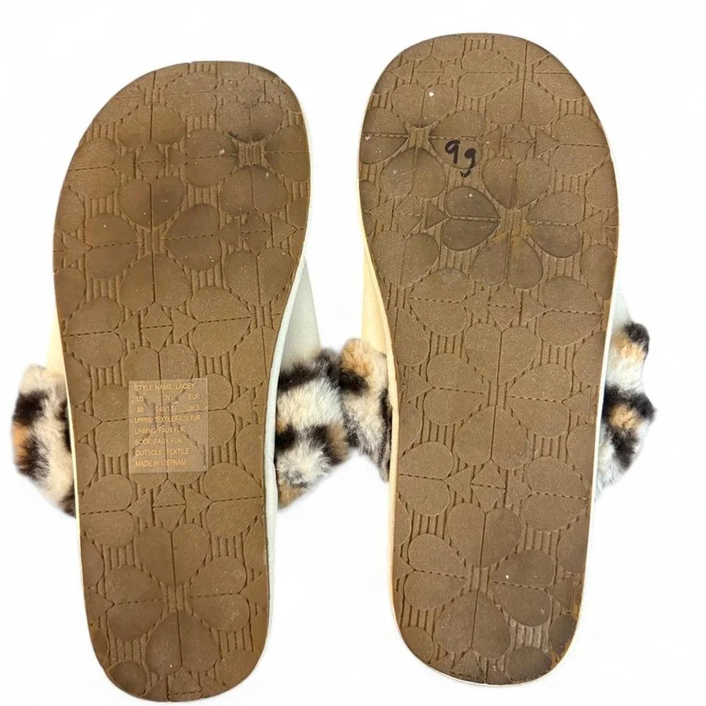 Kate Spade Lacey Slippers Women 8 Leopard Faux Fur Cream Bow Spade Charm Mule